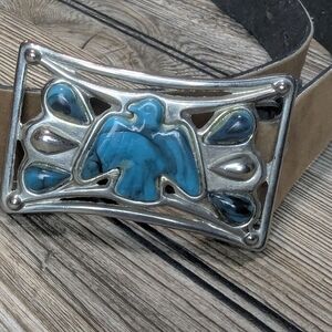 Unique Faux Turquoise Belt Buckle With Silver Backing Vintage